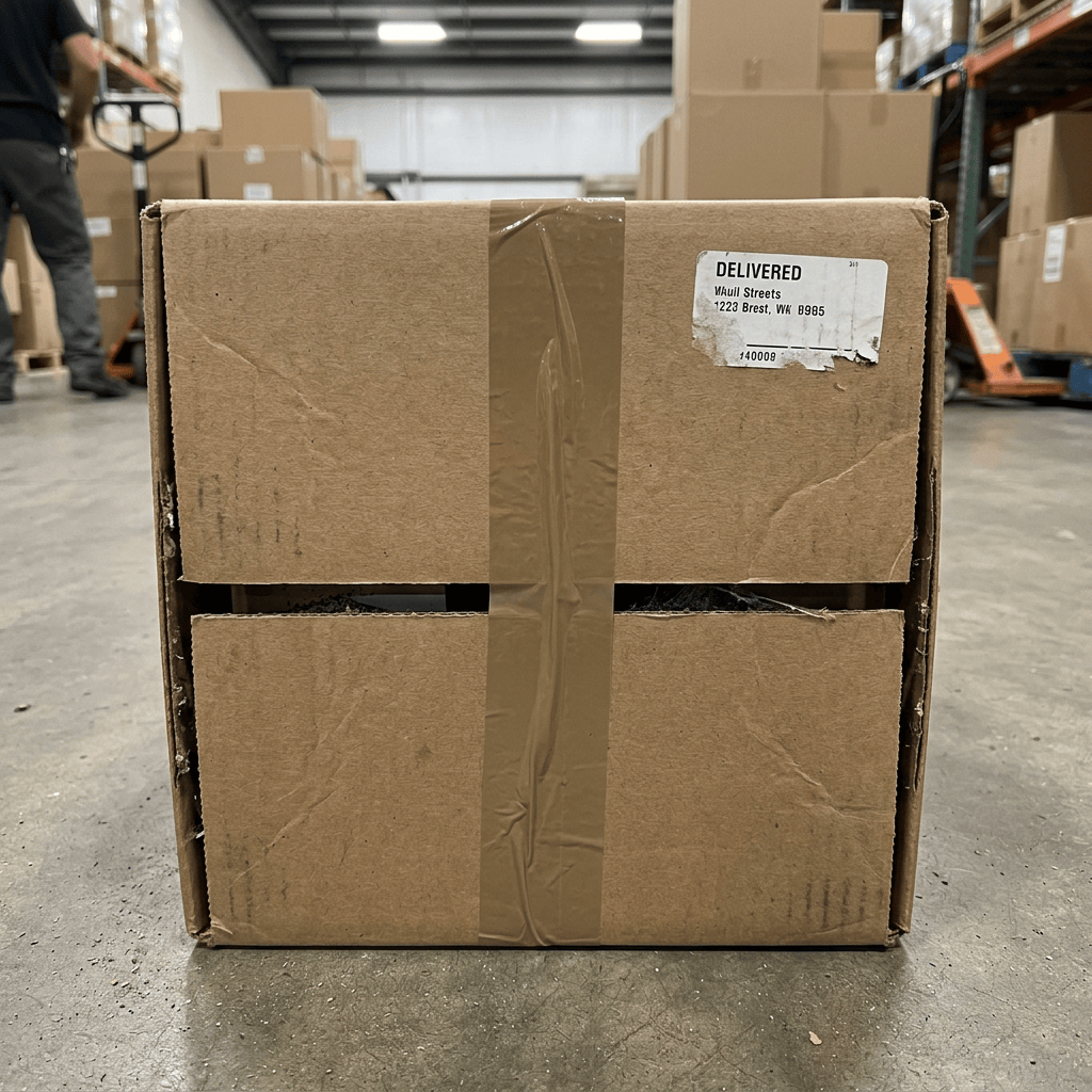 Taped cardboard box labeled “DELIVERED” in a warehouse
