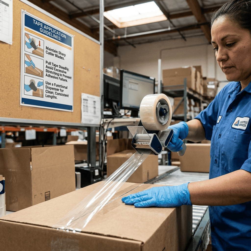 Worker sealing box; sign reads “TAPE APPLICATION GUIDELINES: Maintain Sharp Cutter Blades. Pull Tape Steadily: Avoid Excessive Stretching to Prevent Adhesive Failure. Use a Functional Dispenser for Clean, Consistent Lengths.”
